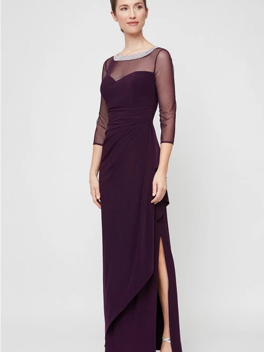Alex Evenings Eggplant Long-Sleeve Illusion Neck Gown